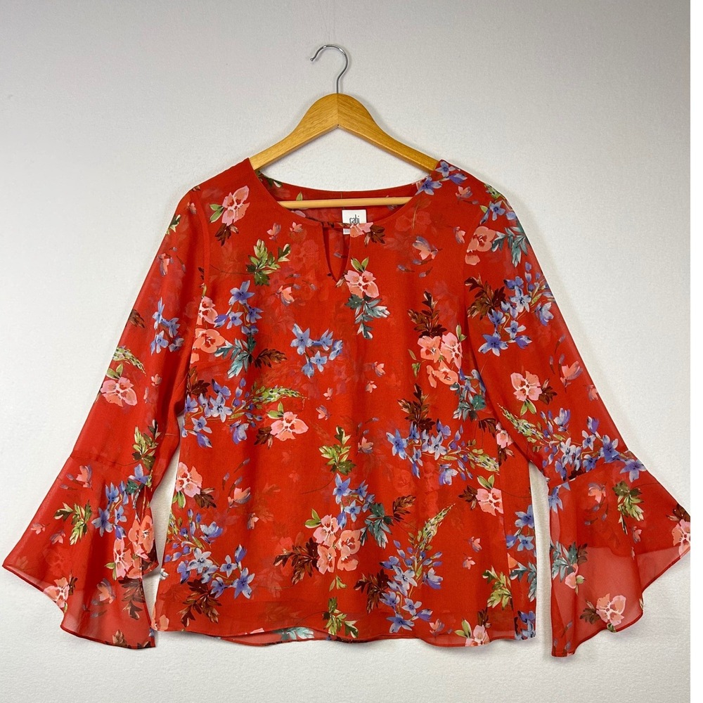 Boho Cabi‎ Womens Medium Red Floral Bell Sleeve Romantic Chiffon Blouse Flowy